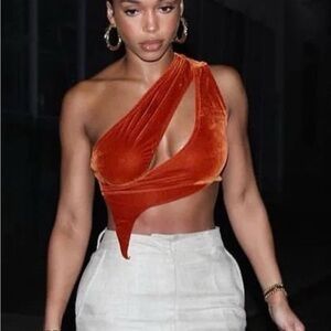 Asymmetric One-Shoulder Velvet Crop Top in Rust as seen of Lori Harvey